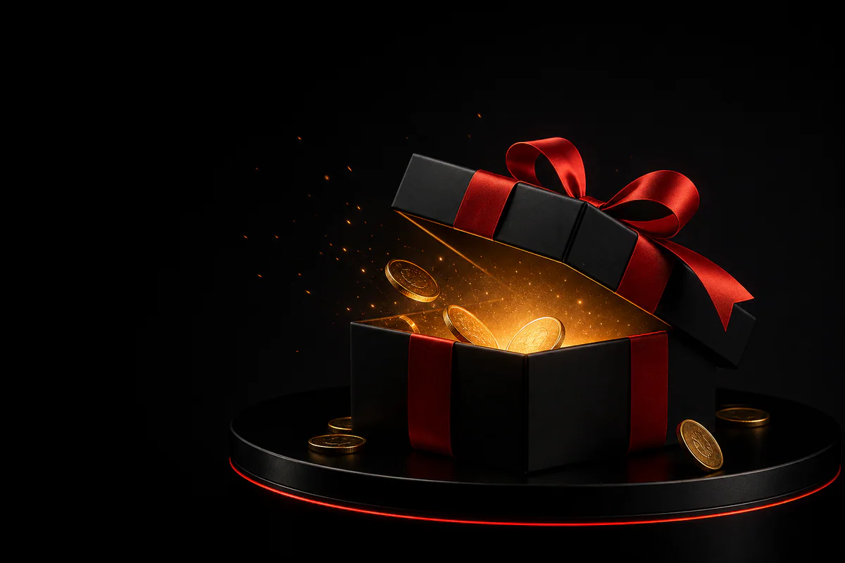 Black gift box wrapped with a red ribbon
